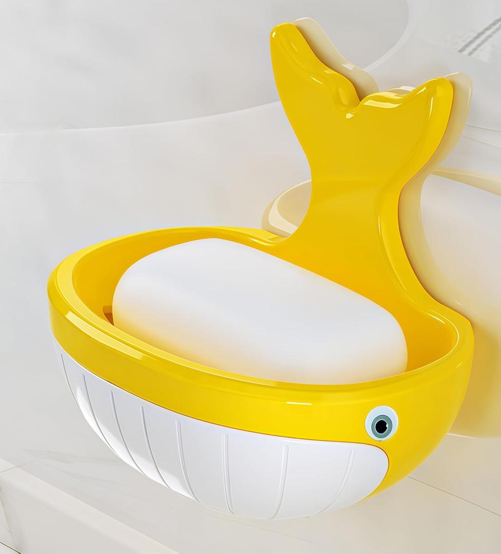 Soap Holder Shower Dish bar Wall Bathroom Shampoo Dishes Caddy Mounted Sponge Adhesive Tray Bath Shelf Draining Dishes Cute Whale Design Bathtub Kitchen Sink jabonera para baoYellow