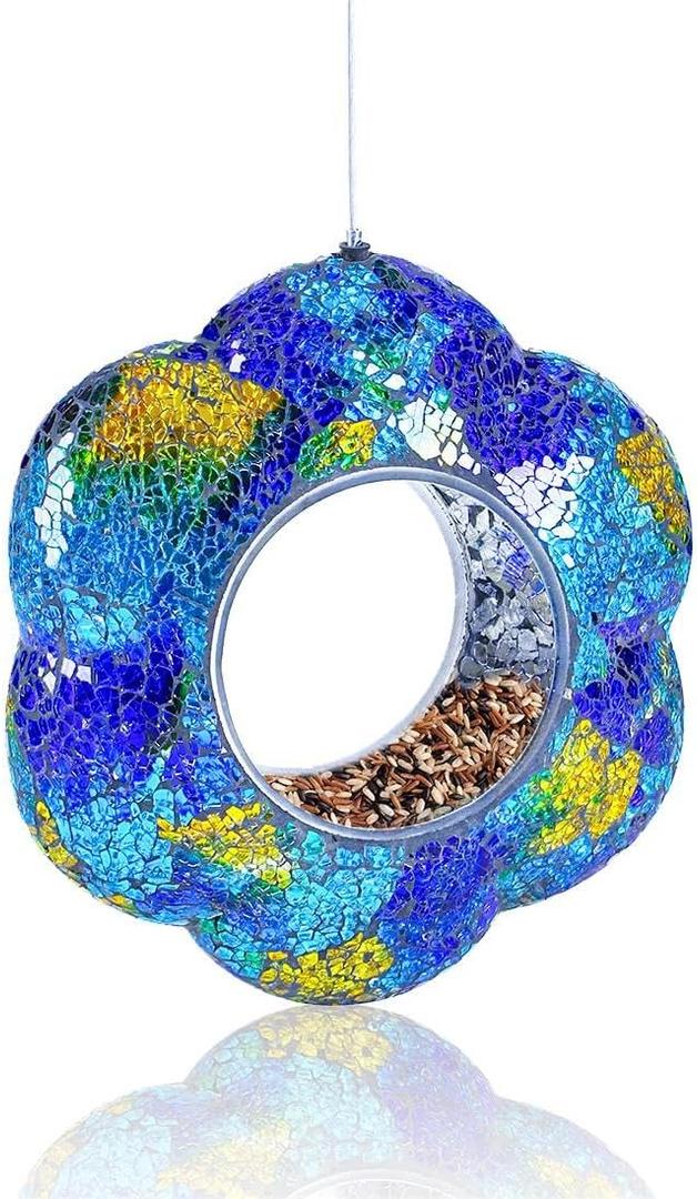 VOREEN Mosaic Glass Bird Feeder, Handcrafted Hanging Fly-Through Feeder for Outdoor Garden & Backyard, Blue Flower Mosaic Style