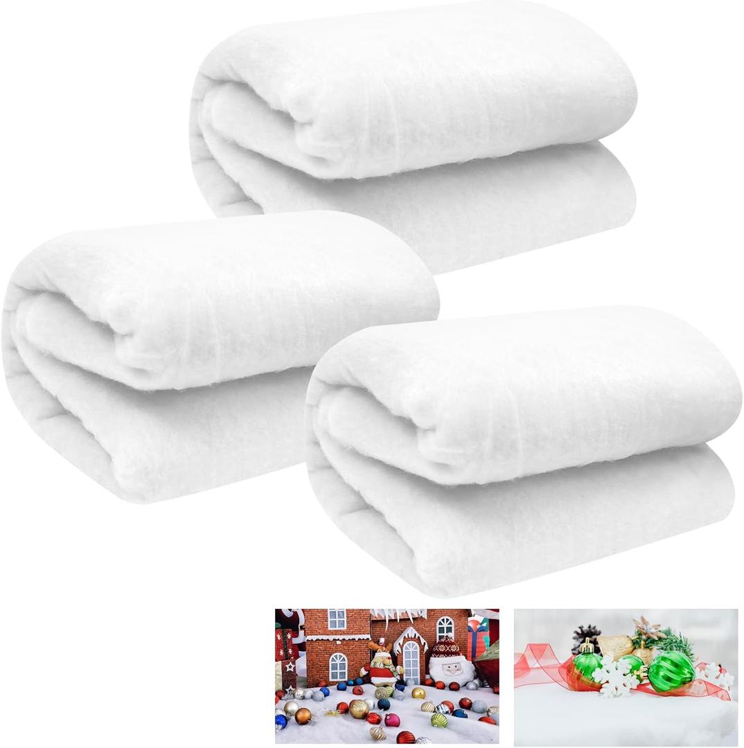3 Pack 3 x 8 Ft Christmas Snow Blankets, Artificial Cotton Snow Blanket, White Thickened Cotton Rolls Winter Fluffy Fake Snow Sheet for Christmas Village Backdrop Decorations Party Display