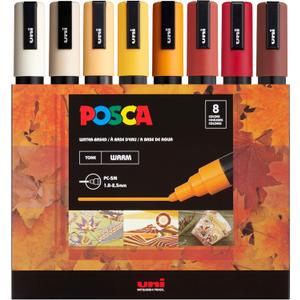 Posca Markers Set, 8 Medium Paint Markers 5M  Warm Tones  Ivory, Beige, Apricot, Ochre, Bright Yellow, Ruby Red, Dark Red, Cacao Brown