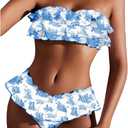 WDIRARA Women's Floral Bikini Set 2 Piece Bandeau Layered Ruffle Swimsuit Strapless Bathing Suit (Large, Blue and White)
