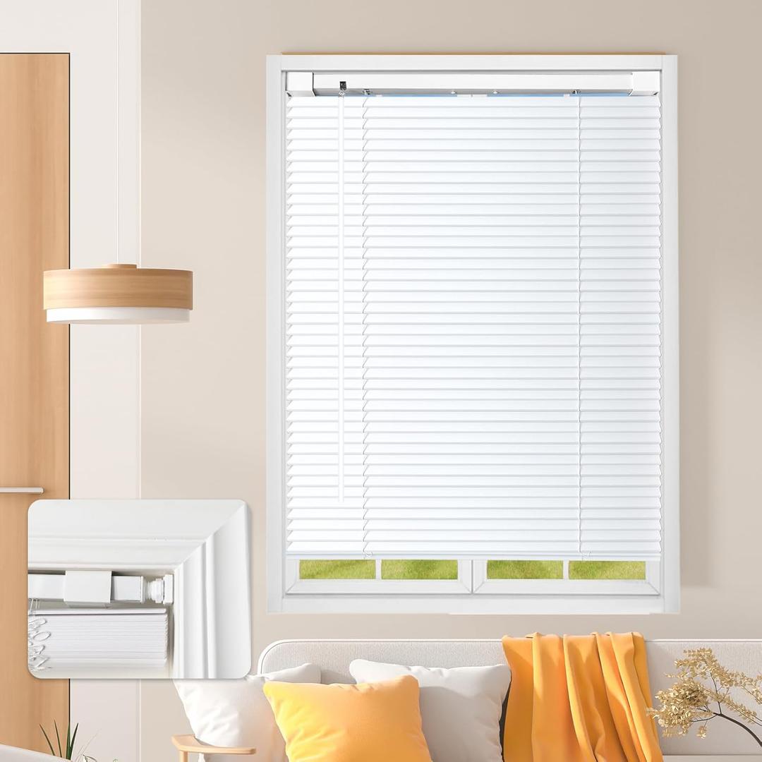 No Tools No Drill Cordless Mini Blinds 25" Wx 48" H, 1" L-Shaped Blades, Horizontal Vinyl Blinds for Indoor Windows, White