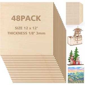 Adrattnay Basswood Sheets 3mm - 1/8 x 12 x 12inch, 48pcs Square Laser Basswood Plywood for Laser Cutting & Engraving DIY Crafts, Wood Burning, Painting, Architectural Model Building