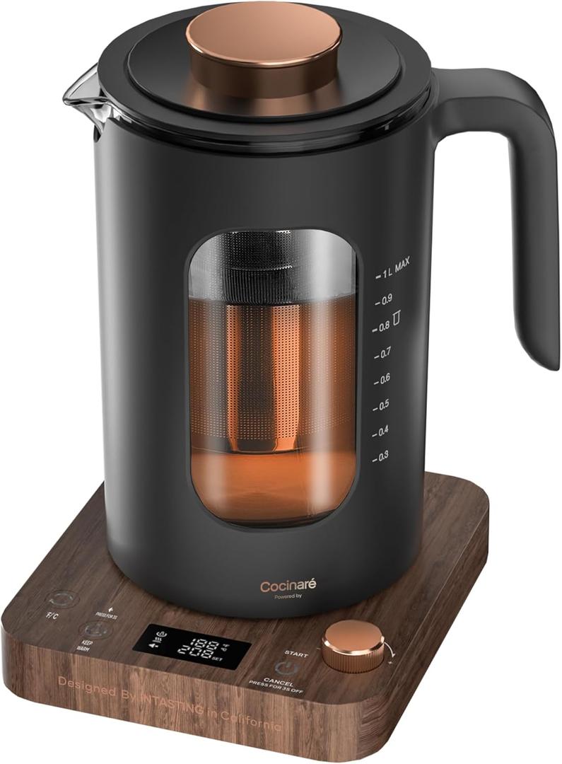 INTASTING Electric Tea Kettle, Electric Kettle with Tea Infuser, 1 Knob Temperature Control, BPA-Free Glass, 1200W Fast Heating, Easy to Clean, 1 Liter (Wood)