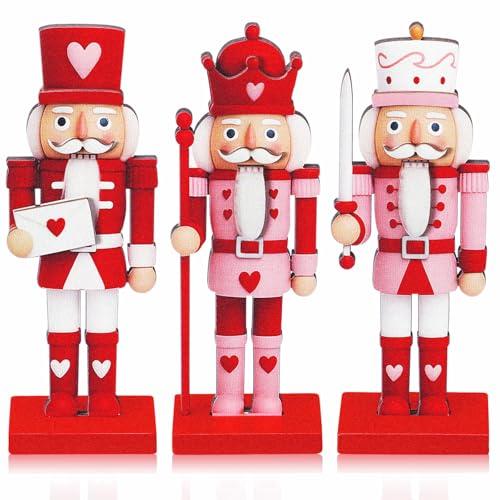 Thyle 3 Pcs Valentine Nutcracker Soldier 7 in Wooden Traditional Valentine Nutcrackers Figures Wood Veneer Tabletop Decoration for Desktop Fireplace Collectible Gifts(Red and Pink)