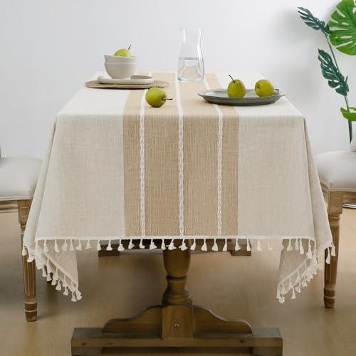 Softalker Fall Tablecloth Rectangle, Outdoor Waterproof Linen Cotton Farmhouse Table Cloths with Tassel, Heavy Weight Wrinkle Free Table Cover for Dining/Party/Rustic - 55 x 70 Inch, Coffee Lines