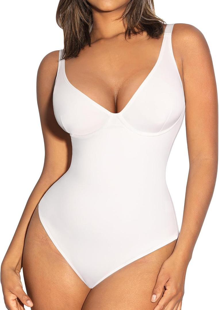 FeelinGirl Shapewear Bodysuits for Women Tummy Control Body Suits Deep V Neck Thong Body Shaper (Large, White)