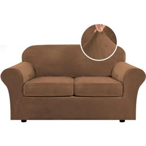 H.VERSAILTEX Real Velvet Plush 3 Piece Stretch Sofa Covers Couch Covers for 2 Cushion Couch Loveseat Covers Width Up to 72 Inch Thick Stay in Place (Medium Sofa, Caramel)