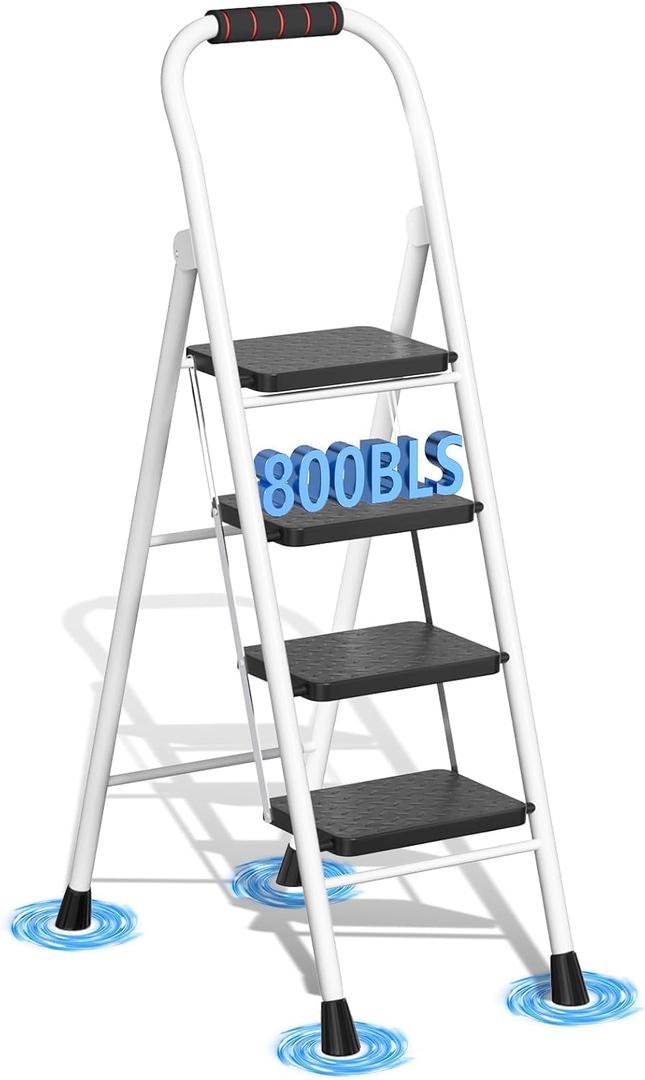 4 Step Ladder, Folding Step Stool with Wide Anti-Slip Pedal & Thick Rubber Feet, Handrail, Safe-Lock Design, Folding Portable Ladder for Multi-Purpose, 800lb, White