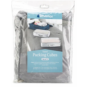 Whitmor Travel Storage Cubes, Dimensions: 1 Small cube 10.2 inches length x 7.9 inches width x 3.9 iches height, and 2 Large cubes 15.7 inches length x 10.2 inches width x 3.9 inches height
