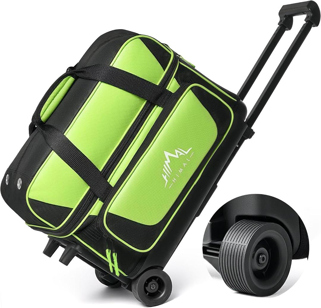 GoHimal Double Roller 2 Ball Bowling Bag with Separate Shoe Compartment for Bowling Shoes (Up To US Mens Size 15) and Oversized Accessory Pocket, Retractable Handle - Extends to 40", One Size