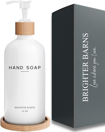 White Glass Hand Soap Dispenser Bathroom Set by Brighter Barns - Liquid Hand Soap Dispenser for Kitchen Sink - Boho Bathroom Pump Bottle Set - Minimalist Home Decor for Vacation Rental, Gifts (White)