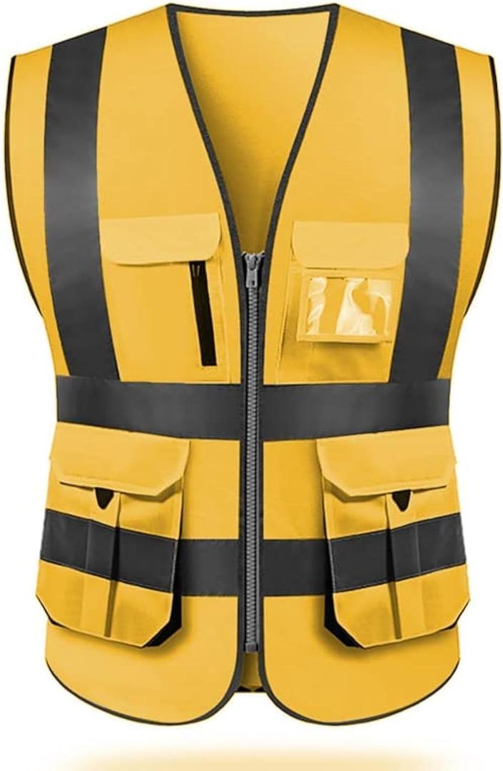 High visibility reflective safety vest multi pockets Hi-vis vest workwear safety waistcoat with reflective strips (Yellow, XXXL)