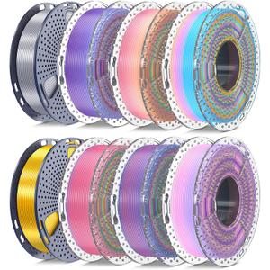 SUNLU Silk PLA+ Filament 1.75mm Multicolor 250gx8, Silky Glossy PLA Plus 3D Printer Filament Bundle, 6 Rainbow Series+Gold+Silver