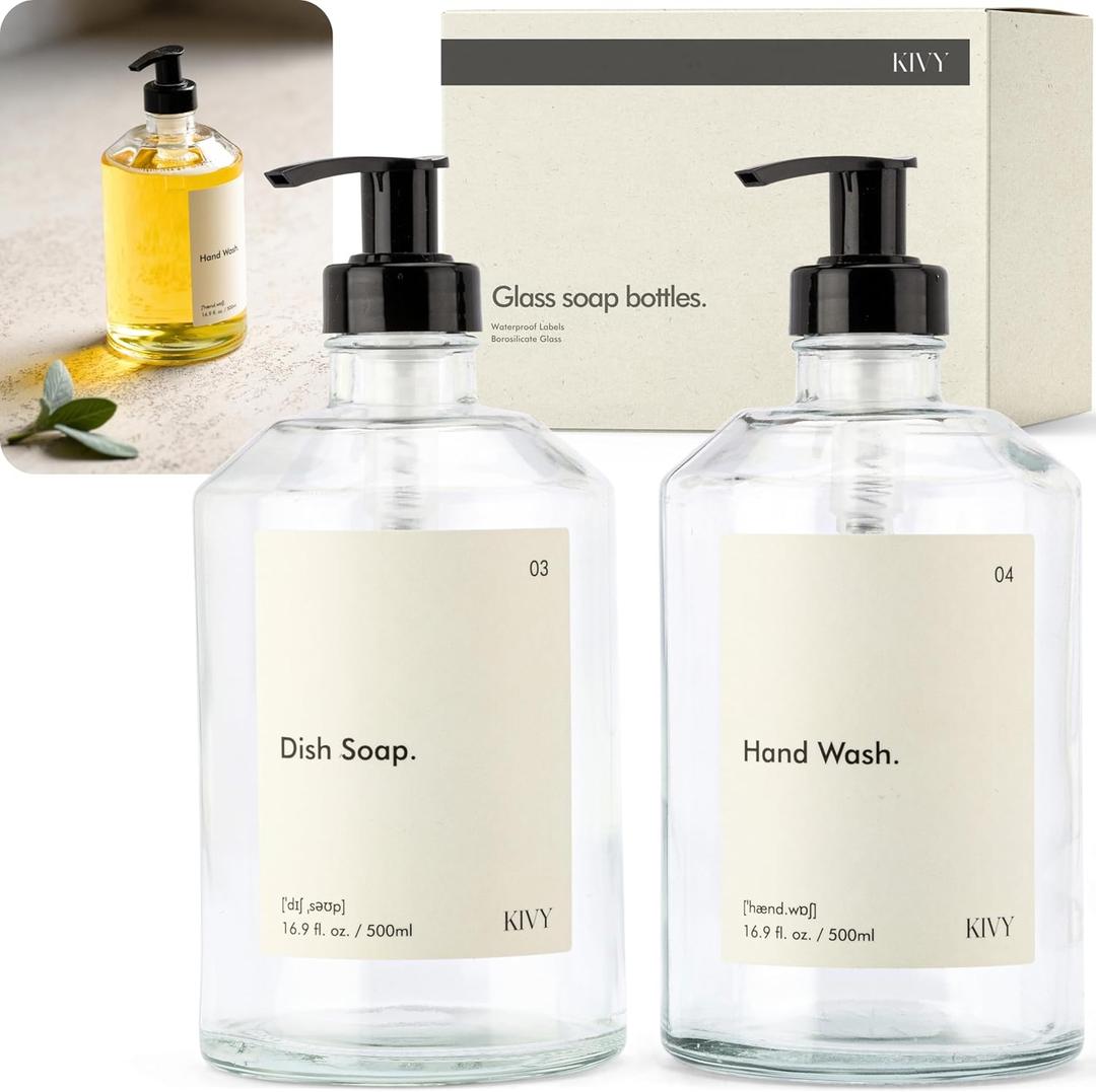 KIVY Glass Soap Dispenser Set [INCL. Waterproof Labels] - Glass Soap Dispenser with Pump - Hand Soap and Dish Soap Set - for Kitchen, Shower & Bathroom - Refillable (2X 16oz)