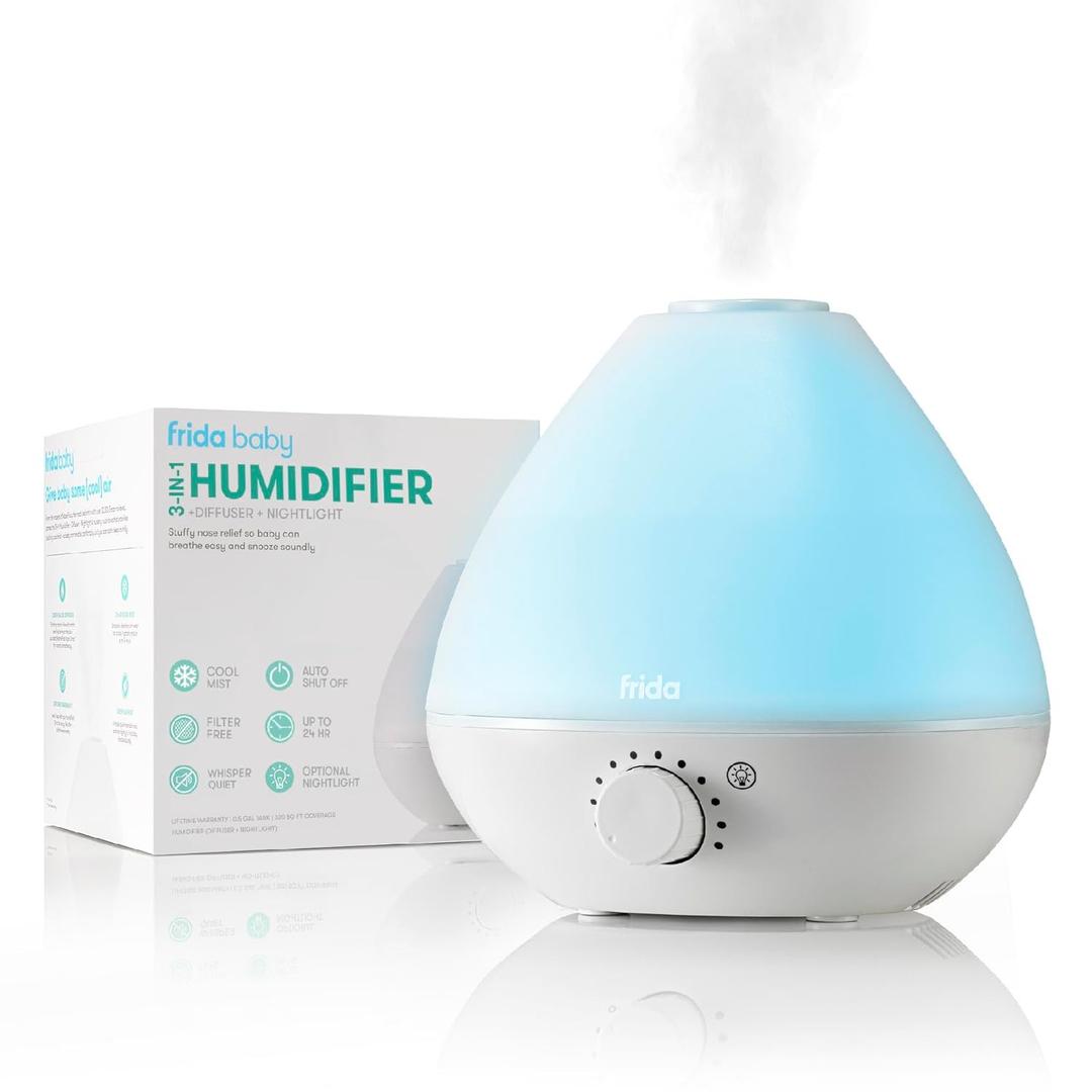 Frida Baby 3-in-1 Cool Mist Humidifier for Baby with Diffuser + Nightlight, Allergy Relief Baby Humidifier for Bedroom, Nursery + Large Rooms, Quiet, Auto Shut Off, Runs +24hrs