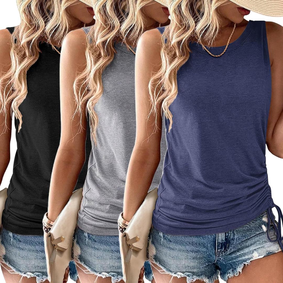 Womens Tank Top 3 Pack Summer Tops Crew Neck Sleeveless Casual Loose Shirts Trendy Fashion Outfit Clothes (Medium, Black&gray&blue)
