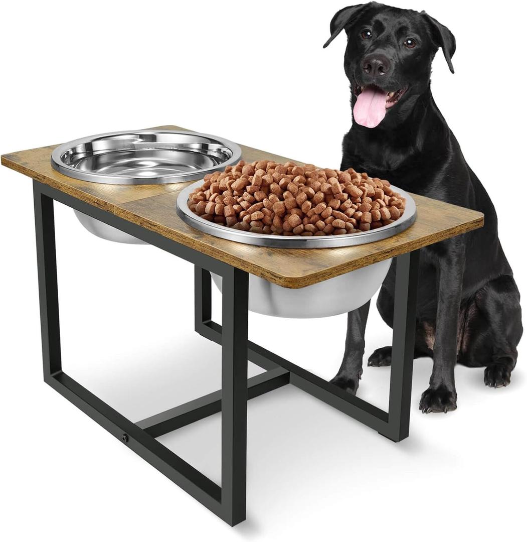 Elevated Dog Bowls for Large Dogs, Raised Dog Bowl Stand with Two X-Large Stainless Steel Bowls for Dogs, 3.5L Capacity, Rustic Brown