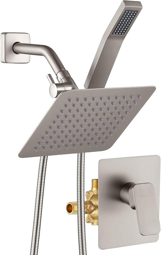 All Metal Shower Faucet Set, Dual Square Shower Head System with Handheld Wand & Rainfall Showerhead, Diverter, Hose Complete Combo, Pressure Balance Rough-in Valve Included (Brushed Nickel)