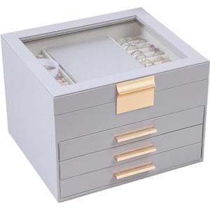 BOOVO Clear Lid Jewelry Box,4 Layers Jewelry Organizer Large Jewelry Storage Box with 3 Drawers,Jewelry Holder Organzier of Rings Earrings Necklace Bracelets for Women (Grey, 4 Layer)