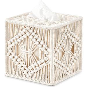 Mkono Tissue Box Cover Macrame Square Open-Bottom Tissue Box Holder Boho Decor Tissue Organizer Bohemian Handmade Woven Tissue Cube Box for Bathroom Bedroom Dresser Living Room Office Dorm, Ivory