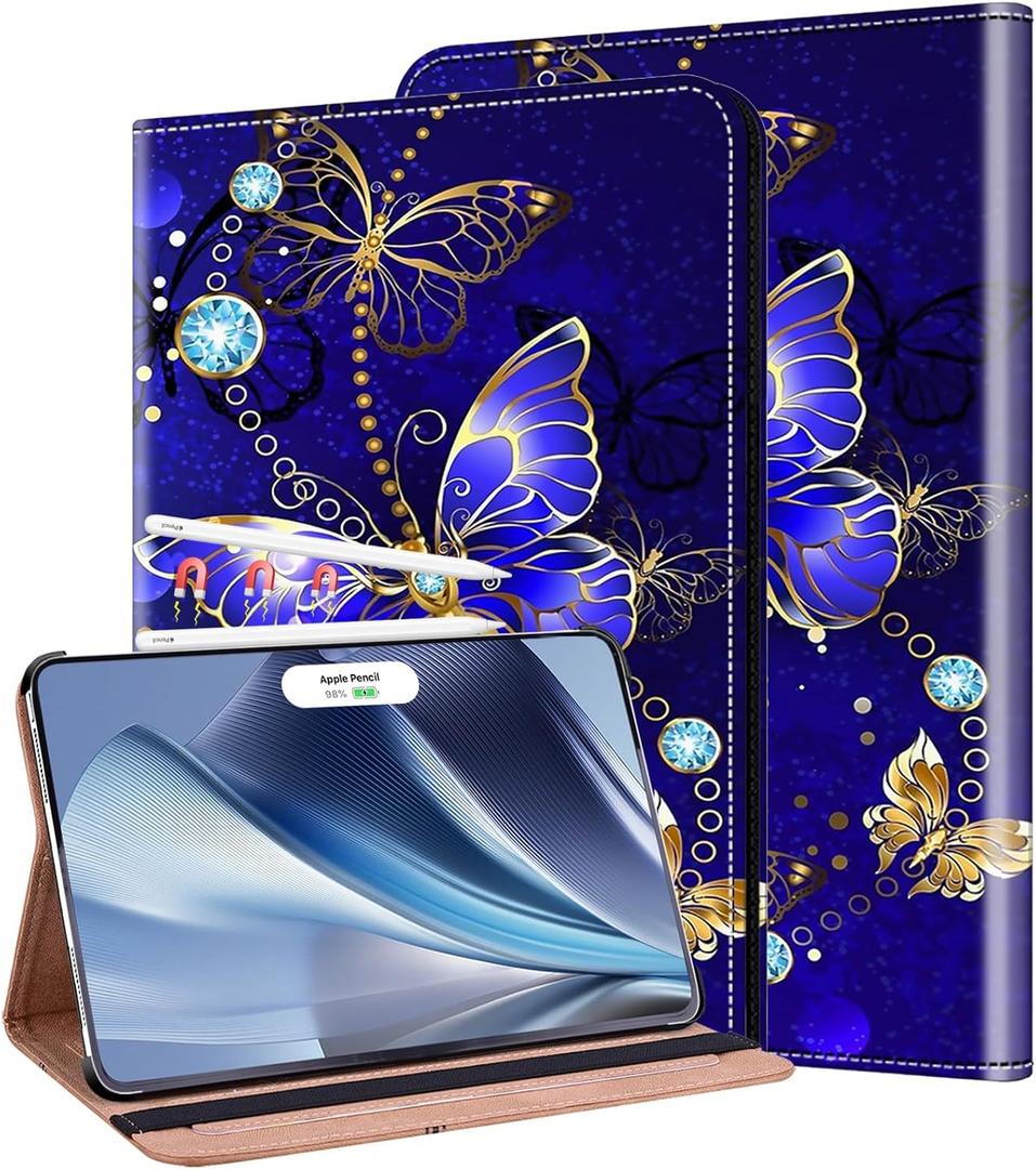 Case for iPad Pro 11 Inch (M5) 2025 / (M4) 2024, Auto Wake/Sleep Supports Pencil Pro and Pencil(USB-C) Flip Wallet Shockproof Cover, Diamond Butterfly