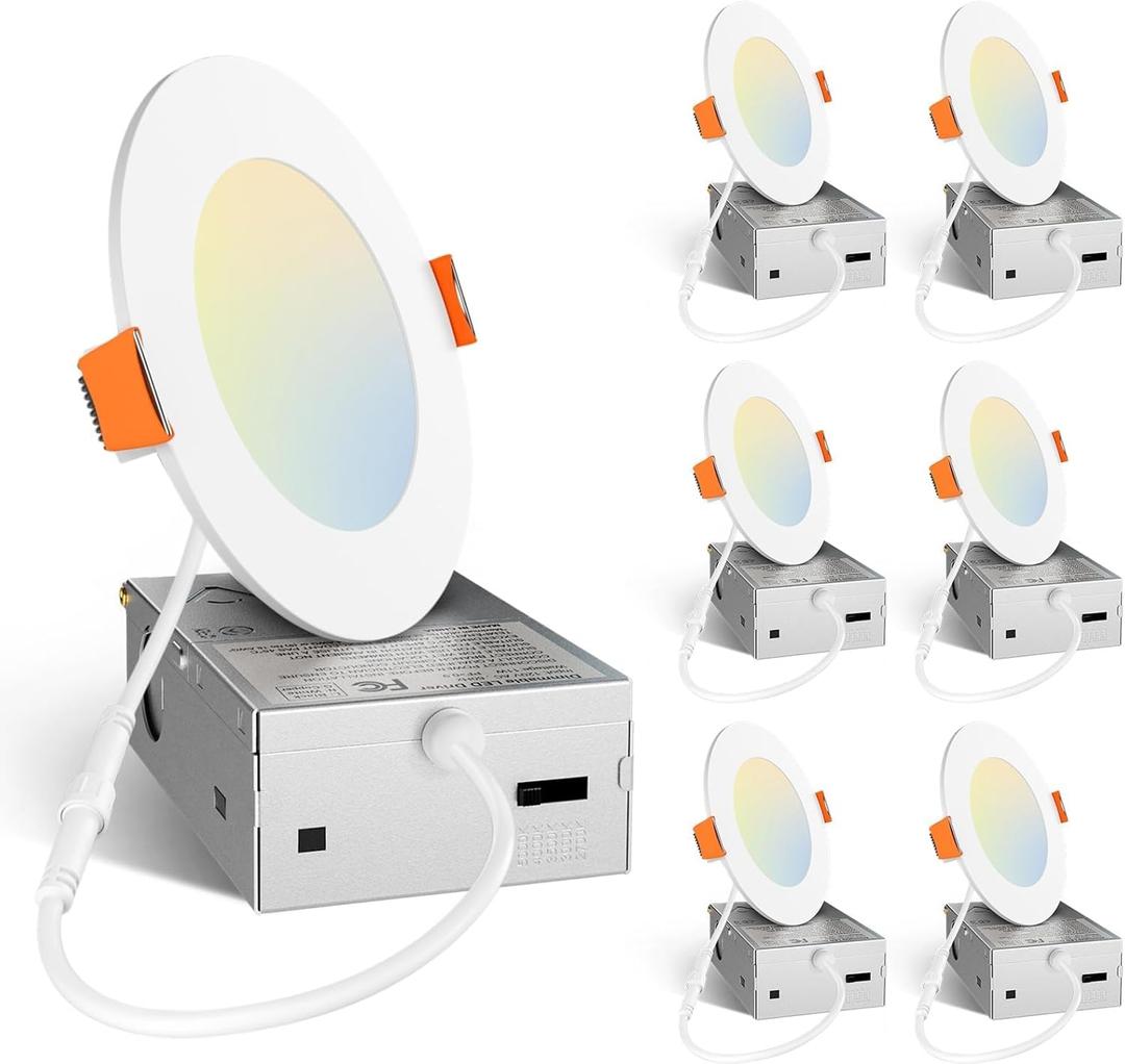 Amico 6 Pack 4 Inch 5CCT Ultra-Thin LED Recessed Ceiling Light with Junction Box, 2700K/3000K/3500K/4000K/5000K Selectable, 11W Eqv 70W 800LM Brightness Dimmable Canless Wafer Downlight, ETL & FCC (White)