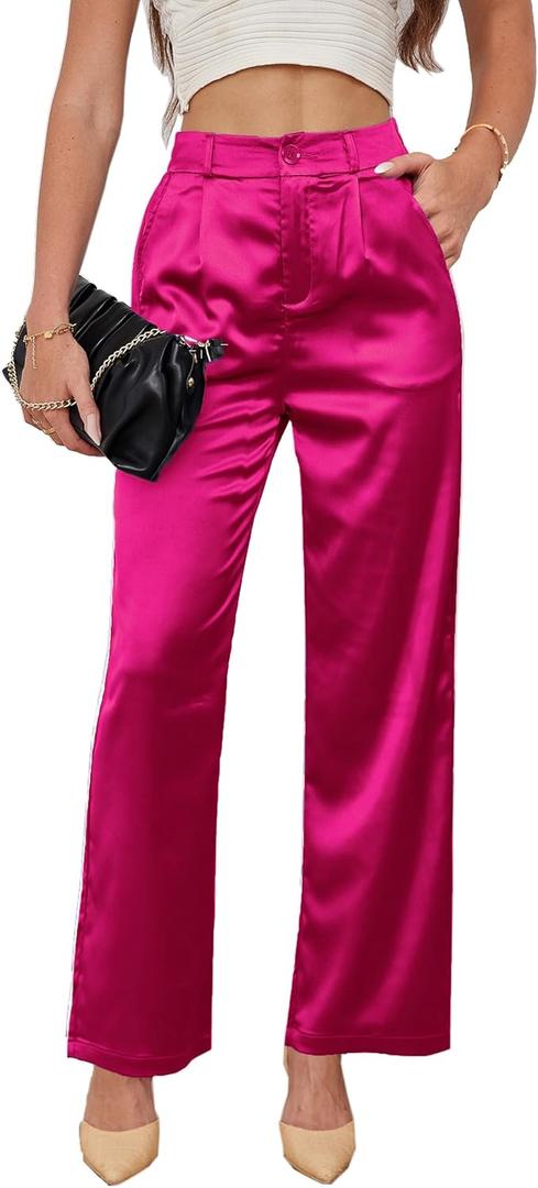 Women's Wide Leg Satin Silky Casual Dress Cocktail Party High Waist Pants (X-Large)