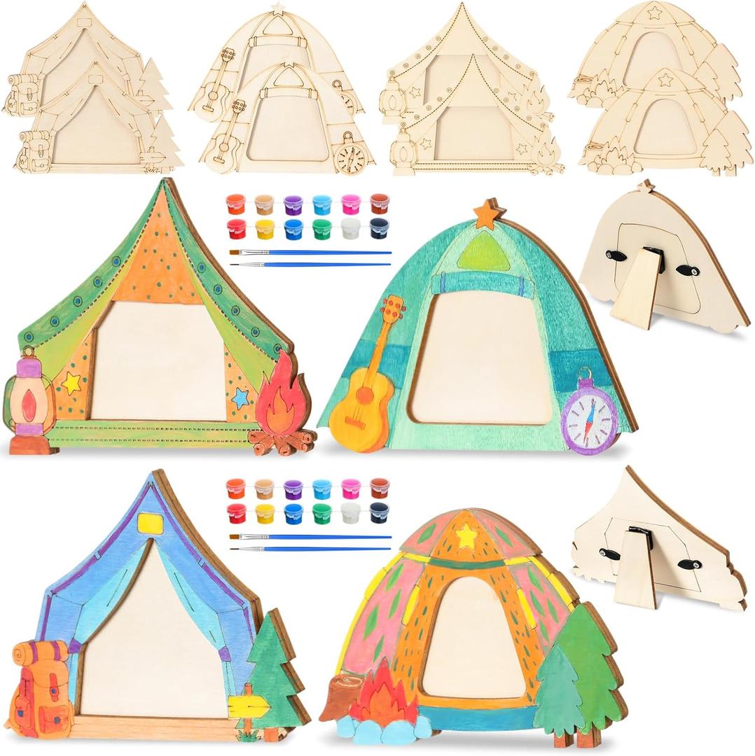 DoubleFill 12 Pcs Camping Crafts Paint Camp Wood Picture Frame Crafts with Acrylic Paint Kits for DIY Picture Frame Gifts Bulk Summer Camp Party Favor for Home Vbs Sunday
