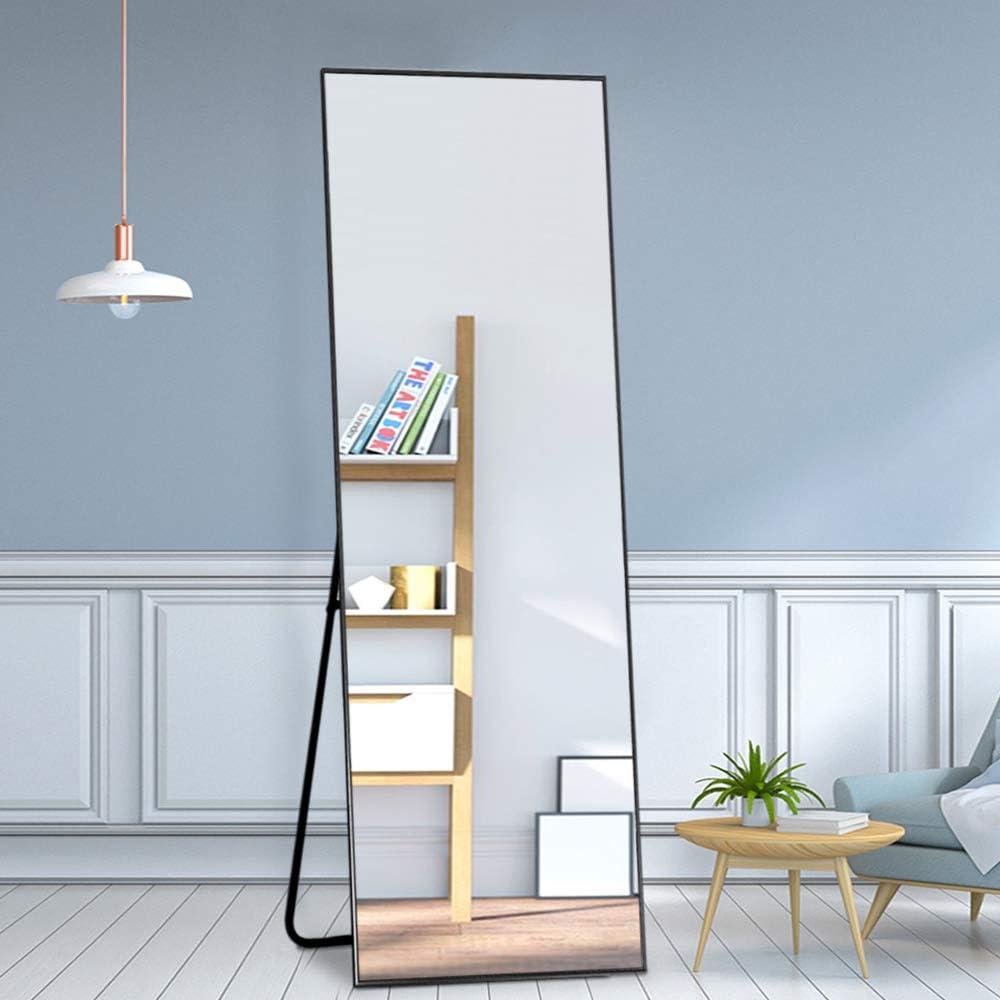 PexFix Full Length Floor Mirror Floor Mirror Stand up Mirror Wall Mounted Hanging Mirror Bedroom Mirror Black Aluminum Alloy Frame Big Mirror with Stand for Bedroom,65''x22'' (JJ00371AAFN+USAM019)