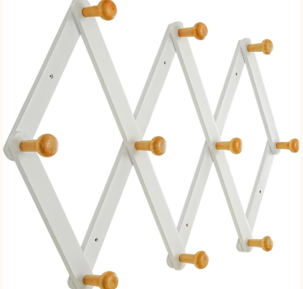 Dseap Expandable Coat Rack (Larger Version) - 24” High, Anti-Slip, Ultra Heavy Duty Wooden Accordian Wall Hanger with 10 Study Peg Hooks for Clothing Hats Jackets Bags, White & Natural