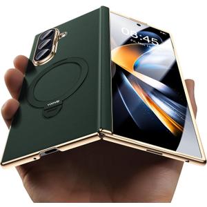 Magnetic for Samsung Galaxy Z Fold 7 Case Luxury Leather [Hinge Protection] Built-in [Screen Protector] [Fit for MagSafe] Zfold 7 Case with Kickstand & Ring Holder,Green