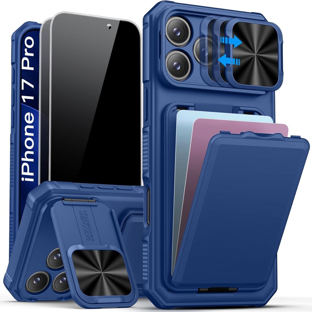 SSLOTSCASE for iPhone 17 Pro Case with 2X Privacy Screen Protector, Card Holder & Sliding Camera Lens Cover & Kickstand & Wallet, Silicone Edge Protective Phone Case Cover for iPhone 17 Pro 2025, Blue
