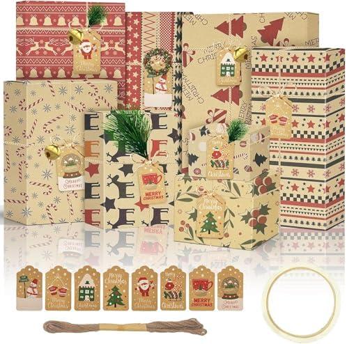 AILAMIDO Christmas Wrapping Gift Paper, 8 Sheets with 32.8ft Jute String, 1 Roll Adhesive Tape and 8 Unique Tags, Kraft Paper for Christmas, 50x70cm 2Pack
