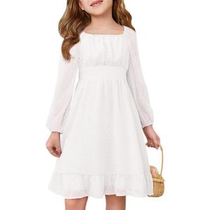 Haloumoning Girls Long Sleeve Dress Kids Ruffle Tiered Dress Swiss Dot Flowy A Line Dresses 5-14 Years