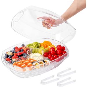 IVYHOME 3-Tier Chilled Serving Tray with Lid, 15" Fruit Ice Serving Platter with 4 Compartments, Shrimp Cocktail Serving Dish, Divided Serving Bowl for Parties