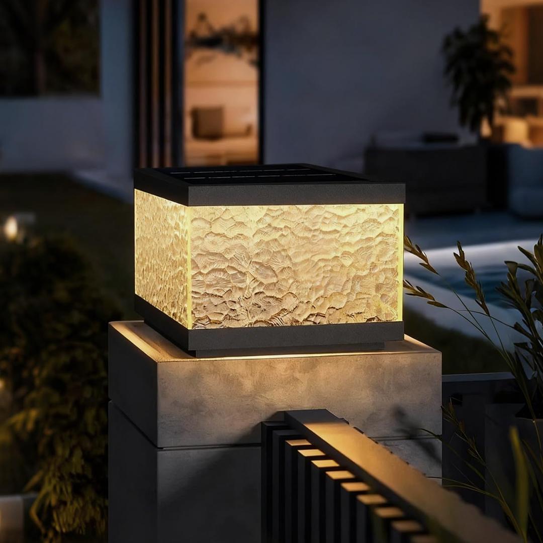 Solar Post Lights Outdoor, Water Ripple Glass Aluminum Column Light, IP65 Waterproof Black Finish Pillar Lamp with Dusk to Dawn LED Outside Post Cap Lamp for Garden, Backyard, Courtyard, Patio