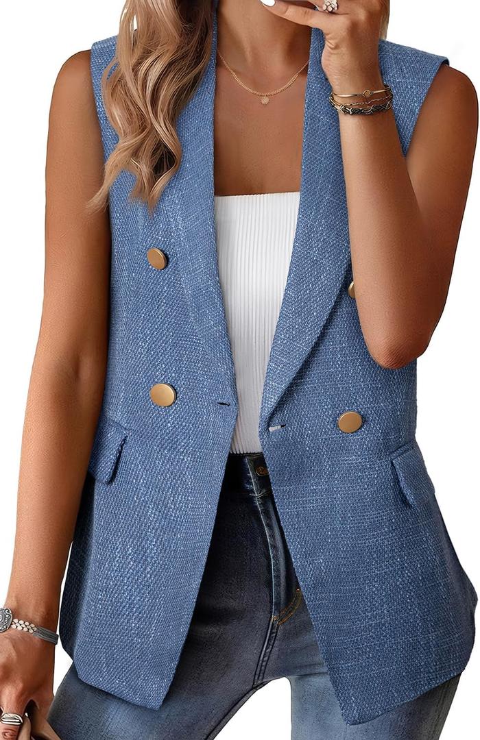 Happy Sailed Women’s Vest Tops Fall Winter Sleeveless Tweed Blazer Jackets Double Breasted Work Suit with Pockets (Blue)