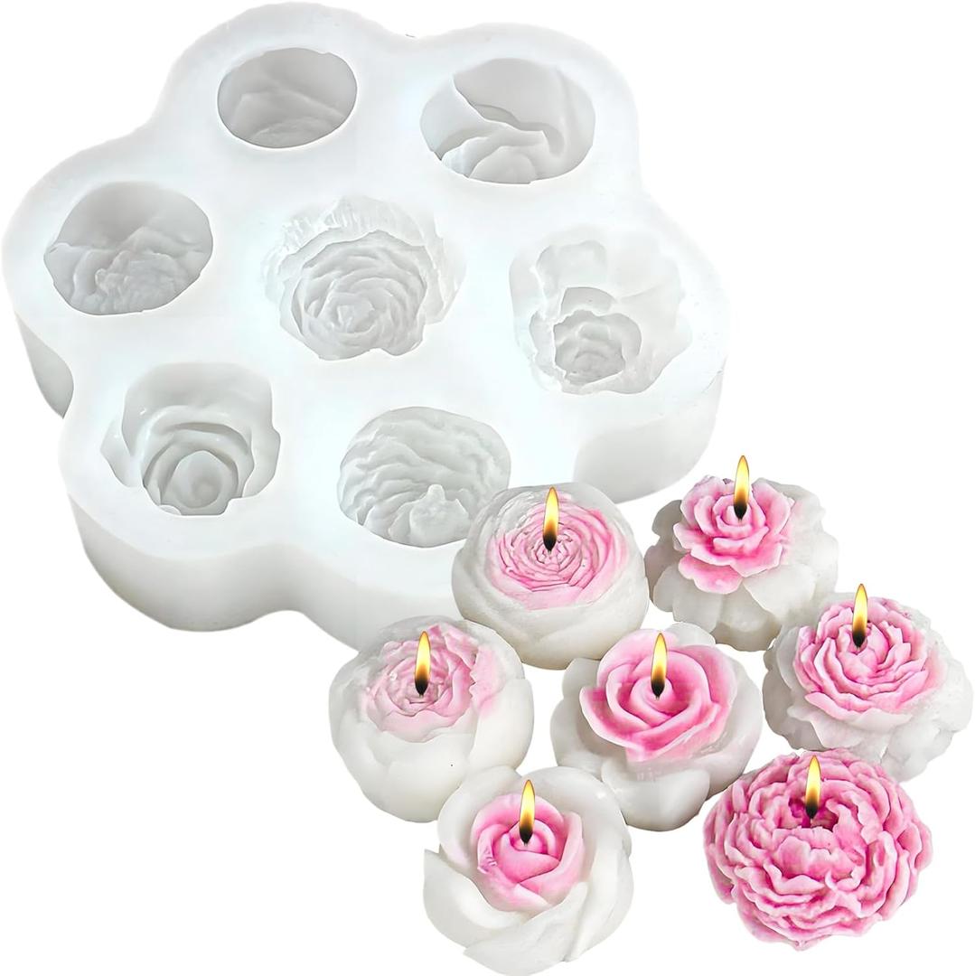 Flower Molds Silicone Candle Molds for Candle Making 7 Cavity Rose Peony Chocolate Mold 3D Flower Candle Soap Silicone Wax Melt Mold Floral Epoxy Resin Casting Valentines Day Wedding Decor Craft Mould