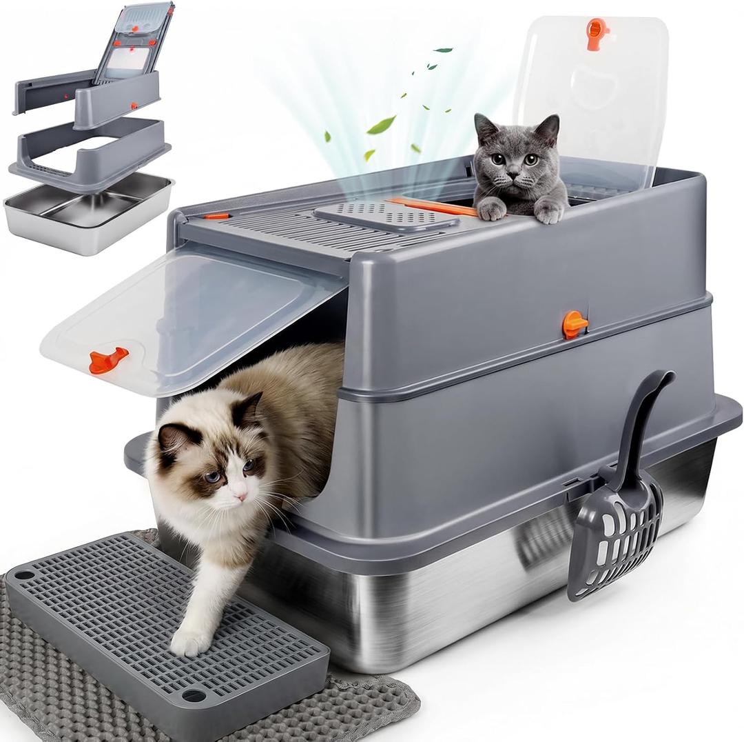 XLarge Stainless Steel Litter Box with Flip Top Lid, High Sided Enclosed Metal Cat Litter Pan, Dog Proof Odor Control Easy Clean, Includes Litter Mat&Scoop, Step Pedal, Carbon Filter, Gray-XL
