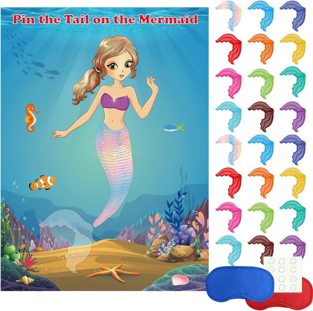 FEPITO Mermaid Party Supplies Pin The Tail on The Mermaid Party Game with 24Pcs Tail Stickers for Kids Birthday Party