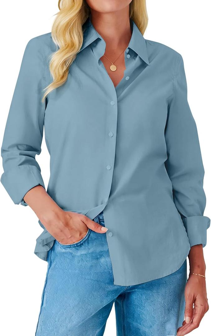 Button Down Shirts for Women Dress Shirt Long Sleeve Wrinkle Free Collared Blouse Work Business Office Solid Tops (Blue, L)