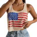 Women's 4th of July Outfits USA Shirt Patriotic Tank American Flag Crop Top (Beige)