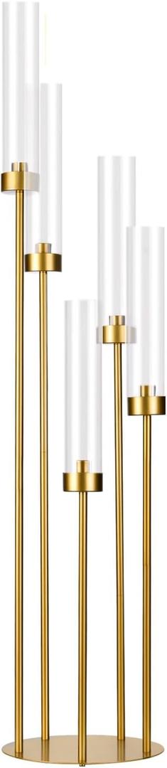Tall 5 Arm Candle Holder for Wedding Table,39.4'' Tall Candelabra with Acrylic Lampshade for Birthday Party Home Decoration Halloween Christmas Day Fit LED Taper Candles (1pcs, Gold)