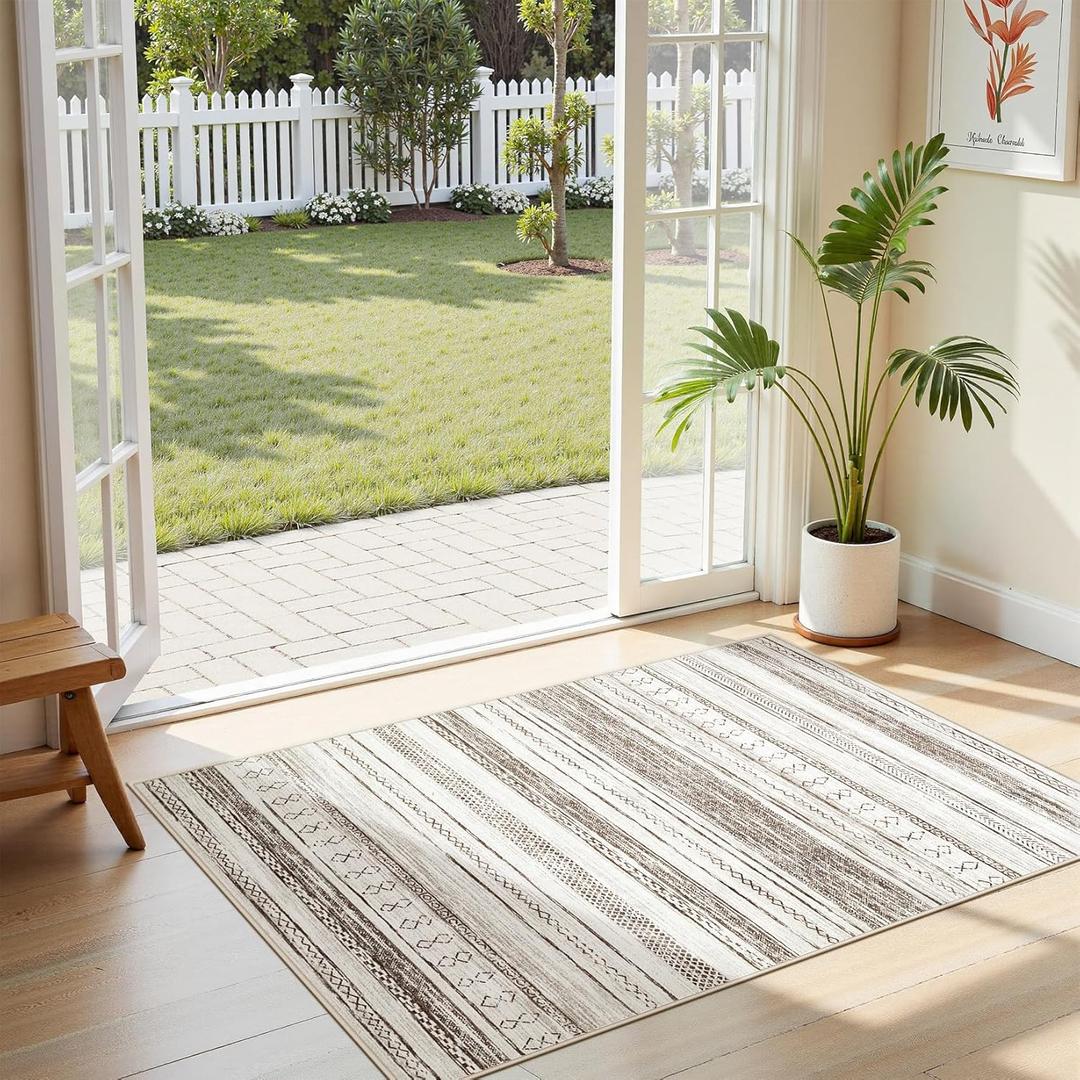 Tortania Area Rug Living Room Rugs - 3x5 Washable Large Soft Neutral Boho Moroccan Bohemian Farmhouse Rug Indoor Floor Carpet for Bedroom Under Dining Table Home Office Decor - Cream Brown