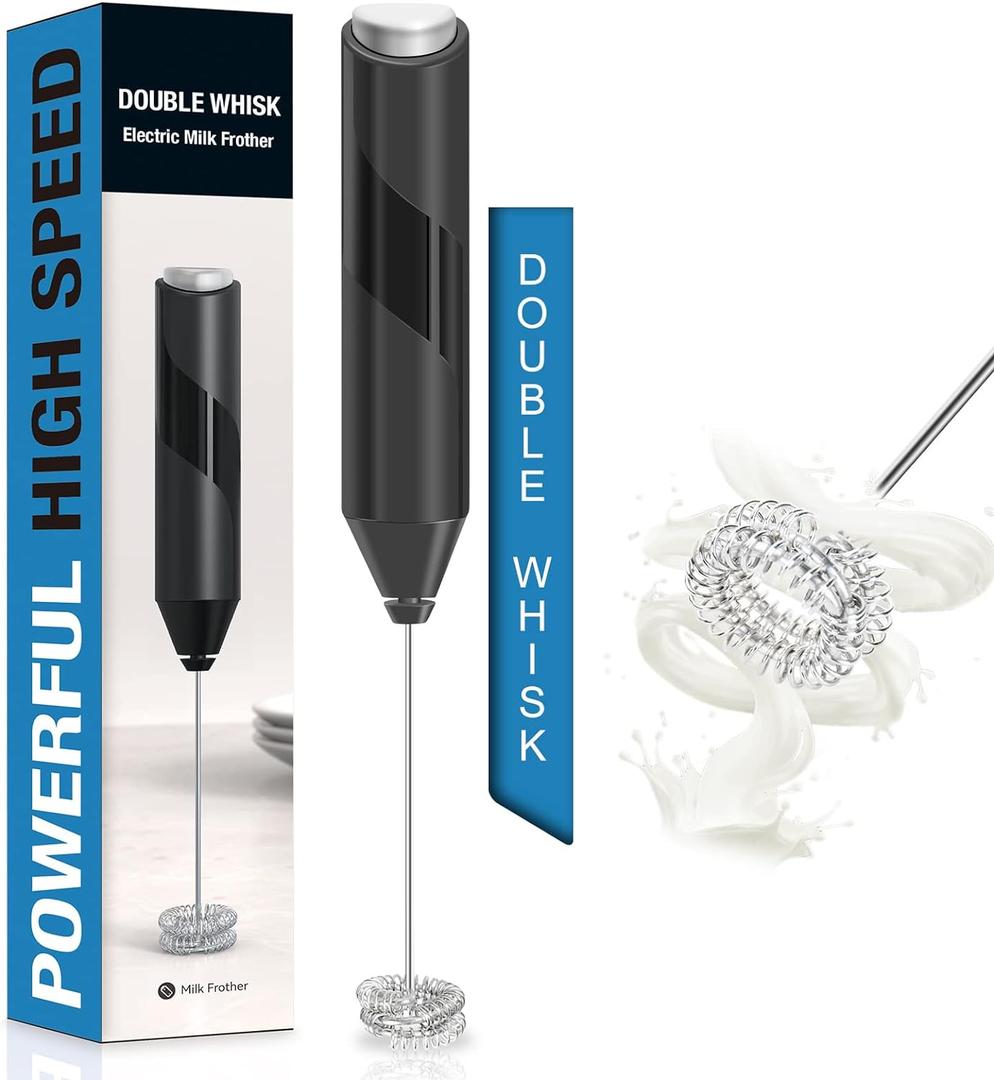 Double Whisk Milk Frother, Handheld Electric Blender stick, Drink Mixer with Food Grade Stainless Steel Stirrer, Battery Operated Foam Maker for Coffee, Cappuccino, Frappe, Matcha, Hot Chocolate Latte (Black)