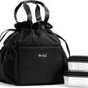 Fit & Fresh Cromwell Drawstring Lunch Bag for Women, Complete Lunch Set with 2 Containers, Stain-Resistant, Leak-Resistant, Back to School Essential, Teacher Lunchbox, Black