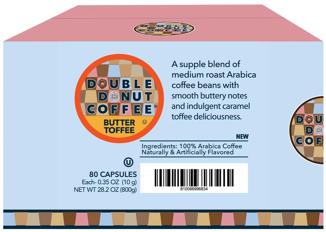 Double Donut Flavored Coffee Pods,Butter Toffee Coffee, Single Serve Medium Roast Coffee for Keurig K Cups Brewers, 80 Count EXP Date 01/05/2026