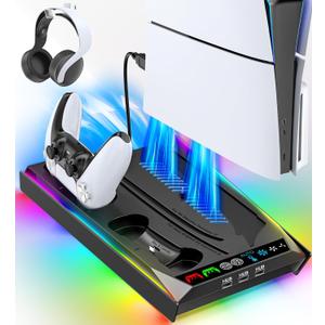 Rysker PS5/Slim/Pro Stand, PS5 Cooling Station Built-in 3-Level Cooling Fan & Fast Charger for Disc & Digital, PS 5 Accessories with Safety Screw and Headset Holder (Deep Black)