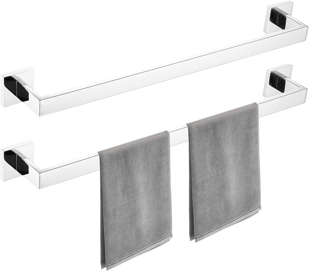 23.6 Inch Polished Chrome Bathroom Towel Bar Set, 2-Piece Square Wall Mounted Towel Rack, Wall Mounted 304 Stainless Steel Towel Holder for Bathroom